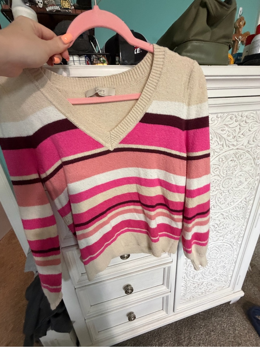LOFT Pink Multi Stripe V-Neck Sweater Size Medium